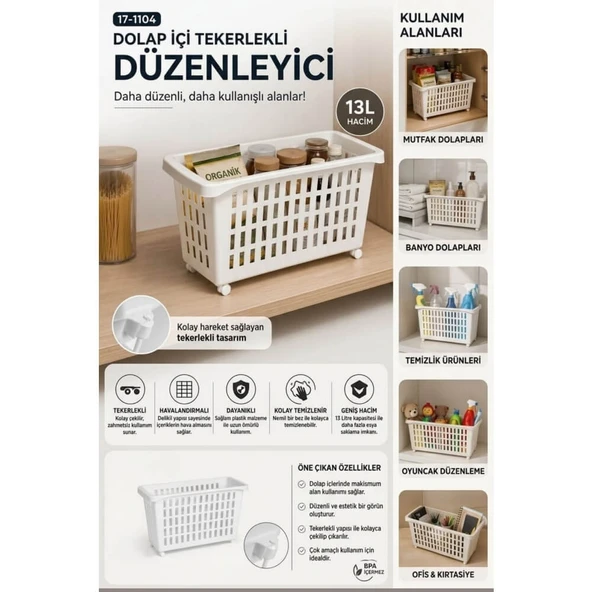 Piev Çok Fonksiyonlu Tekerlekli Dolap İçi Saklama ve Düzenleme Sepeti ürün görseli 1