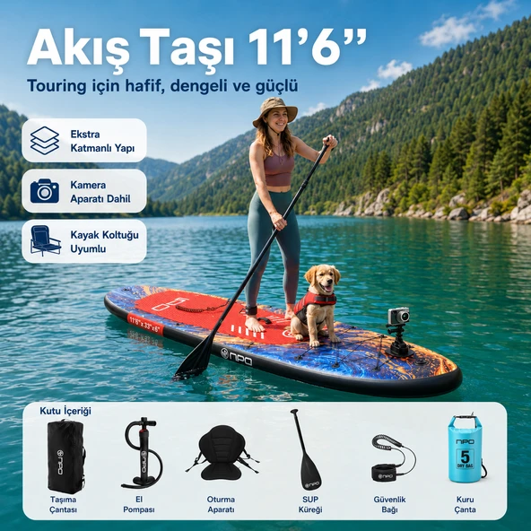 NPO Flow Stone 350x84x15cm Şişme Premium SUP Paddle Board 162kg Kürek Pompa Çanta Koltuklu Full Set ürün görseli 1
