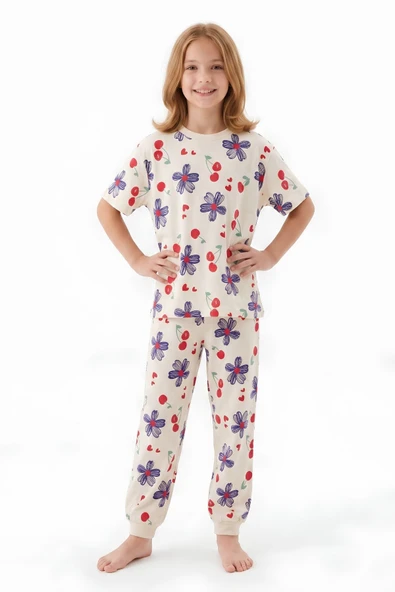 Kız Çocuk %100 Pamuk Pijama Takımı 3-13 Yaş 12713IS ürün görseli 1