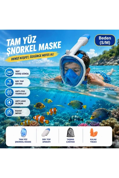 Tam Yüz Şnorkel Maskesi S-M – Geniş Panoramik Görüş ve Dry Top Koruma ürün görseli 1
