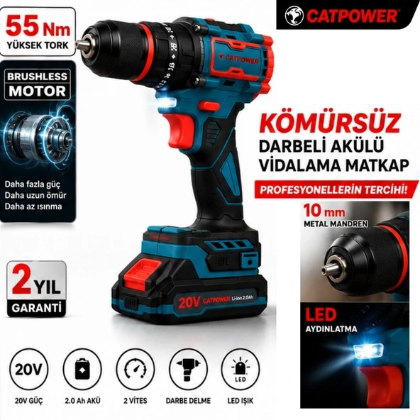 Catpower 1050 Kömürsüz Darbeli Şarjlı Matkap Vidalama 20V 2.0Ah 55 Nm Brushless Çift Akülü 70 Parça Set ürün görseli 1