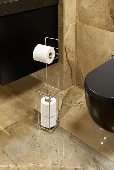 Parlak Silver Metal Ayaklı Tuvalet Kağıtlığı ve Yedek Rulo Standı | Modern WC Kağıtlık ürün görseli 1