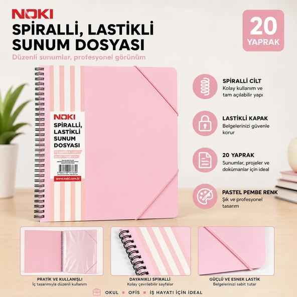 Noki Spiralli Lastikli Sunum Dosyası 20 Yaprak Pastel Pembe ürün görseli 1