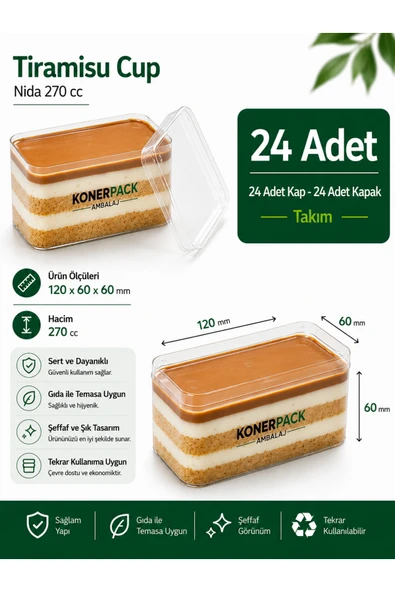 KONERPACK Tiramisu Cup Nida270cc 24 Adet Kapaklı Sert Plastik Şeffaf Renk ürün görseli 1