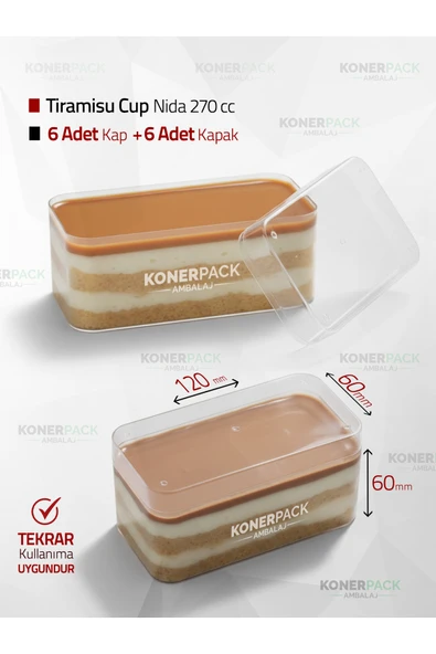 KONERPACK Tiramisu Cup Nida 270 Cc - 6 Adet Kap + 6 Adet Kapak ürün görseli 1