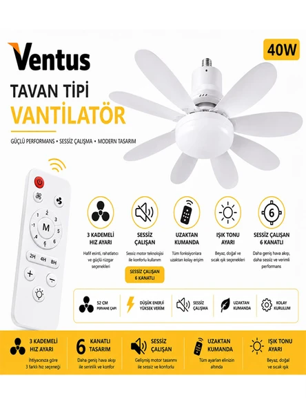 Sessiz Çalışma 6 Kanat ve Işıklı Uzaktan Kumandalı Tavan Tipi Vantilatör-Tavan Fanı 40W ürün görseli 1