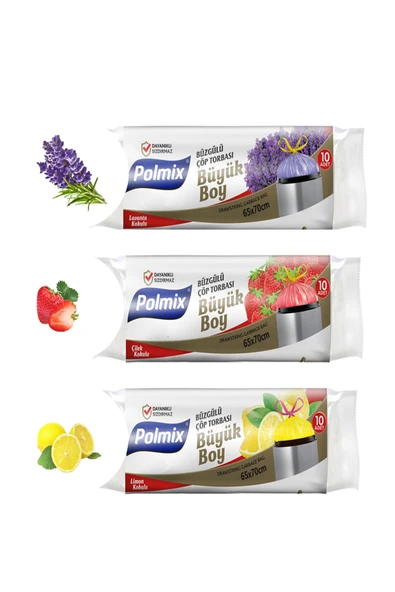 Polmix ( 3 PAKET ) Lavanta-Çilek-Lavanta Kokulu Büzgülü Büyük Boy Çöp Poşeti 30 Adet ürün görseli 1