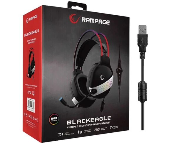 Rampage Black Eagle RM-K37 RGB 7.1 USB Kablolu Kulak Üstü Oyuncu Kulaklığı ürün görseli 1