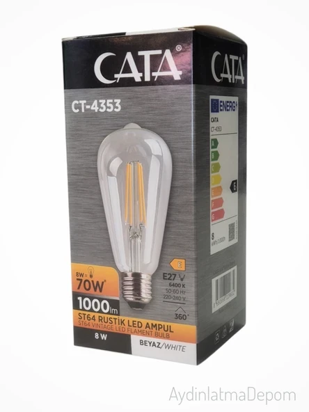 Cata Ct-4353 St64 Rustik Led Ampul 8w Beyaz Işık - 5 Li Paket ürün görseli 1