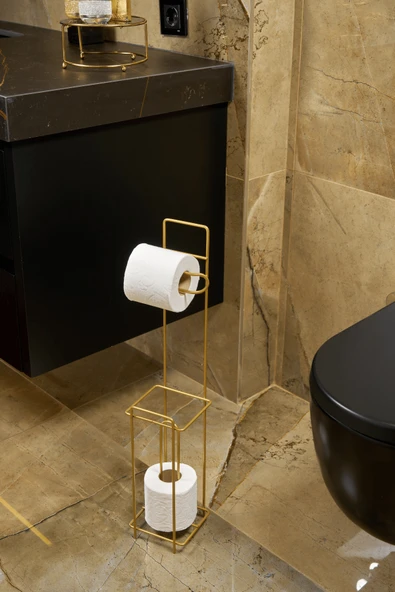 Parlak Altın Metal Ayaklı Tuvalet Kağıtlığı ve Yedek Rulo Standı | Modern WC Kağıtlık ürün görseli 1