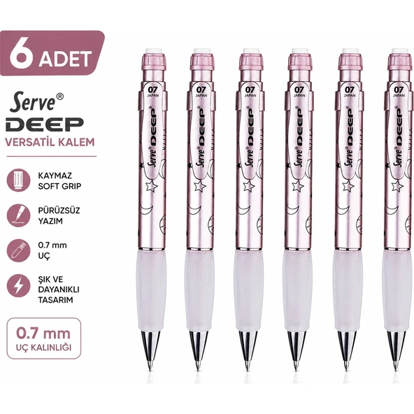 Versatil Kalem Deep 0.7 mm Met Roze Ay-Yıldız 6'lı Paket ürün görseli 1
