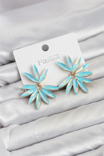Buz Mavisi Renk Kristal Taşlı Lotus Model Kadın Küpe ürün görseli 1
