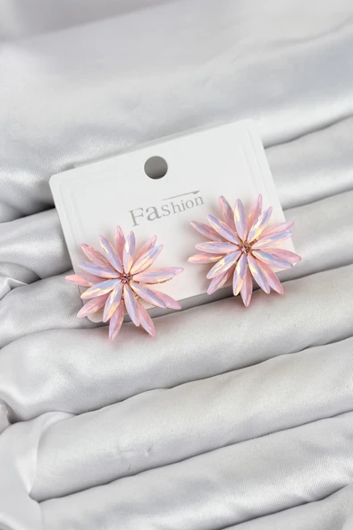 Lotus Model Pembe Renk Kristal Taşlı Kadın Küpe ürün görseli 1