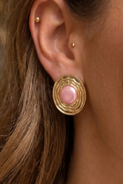 Vintage Pembe Mineli Çizgili Dik Elips Küpe ürün görseli 1