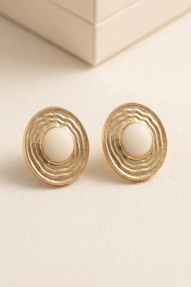 Gold Beyaz Mineli Dik Elips Küpe - Resim 2