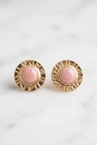 Pembe Mineli Çizgili Vintage Küpe - Resim 2