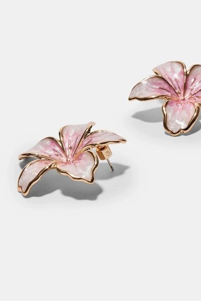 Pembe Mineli Çiçek Premium Çelik Küpe - Resim 2