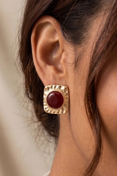 Gold Dörtgen Vintage Bordo Mineli Küpe ürün görseli 1