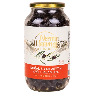 Nermin Hanım ZEYTİNLİĞİ Gemlik Yağlı Salamura Siyah Zeytin 950G 200-260 (8'li Paket) ürün görseli 1