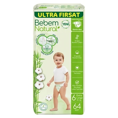 Bebem Natural Ultra Fırsat Bebek Bezi Extra Large 64Lü (5'li Paket) ürün görseli 1