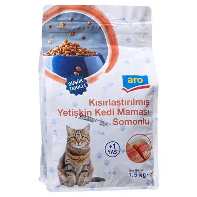 aro Kedi Maması Az Tahıllı 1,5 Kg Kısırlaştırılmış Somonlu (5'li Paket) ürün görseli 1
