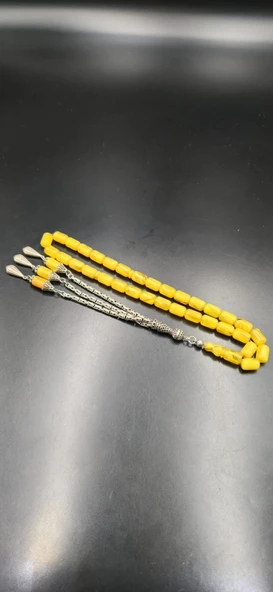 Sıkma Kehribar Tespih 8x12,5 mm 925 Ayar Gümüş Püsküllü Koyu Sarı ürün görseli 1