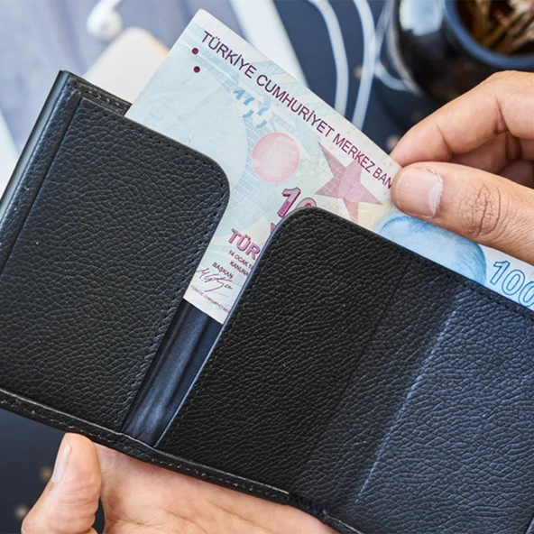 Otomatik Mekanizmalı Deri Cüzdan RFID Korumalı Özel Kutulu Gönderim Siyah ürün görseli 1