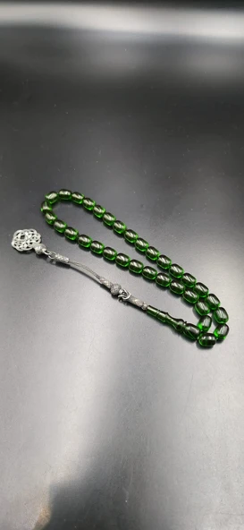 Ateş Kehribar Tespih 9x12 mm 1000 Ayar Gümüş Kazaz Püsküllü Yeşil ürün görseli 1
