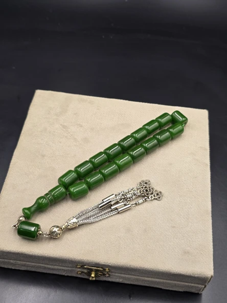 Osmanlı Benzetme Çubuk Sıkma Kehribar Tespih Efe Boy 17 Habbe 11x14 mm Yeşil ürün görseli 1