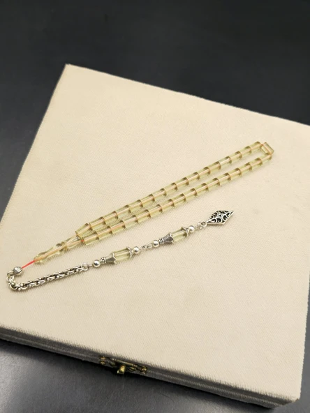 Ateş Kehribar Bilek Boy Tespih 4,5x7 mm Alpaka Püsküllü Özel Tasarım No:13 ürün görseli 1