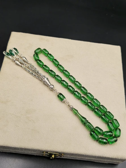 Ateş Kehribar Tespih 7x11 mm Alpaka Püsküllü Özel Tasarım Yeşil ürün görseli 1