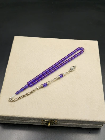 Ateş Kehribar Bilek Boy Tespih 4,5x7 mm Alpaka Püsküllü Özel Tasarım Mürdüm ürün görseli 1
