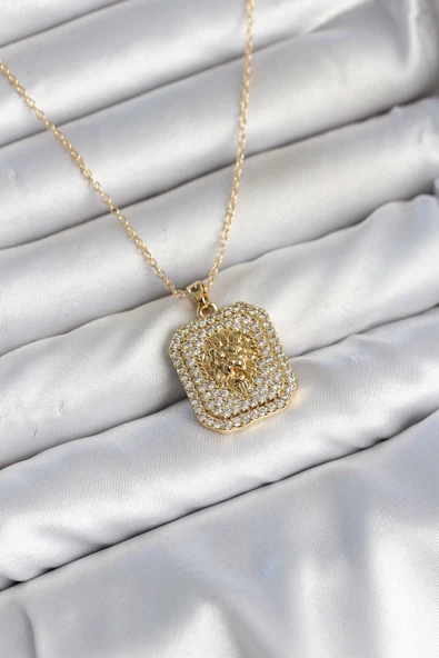 316L Çelik Zincir Gold Aslan Madalyon Model Zirkon Taşlı Kadın Kolye ürün görseli 1