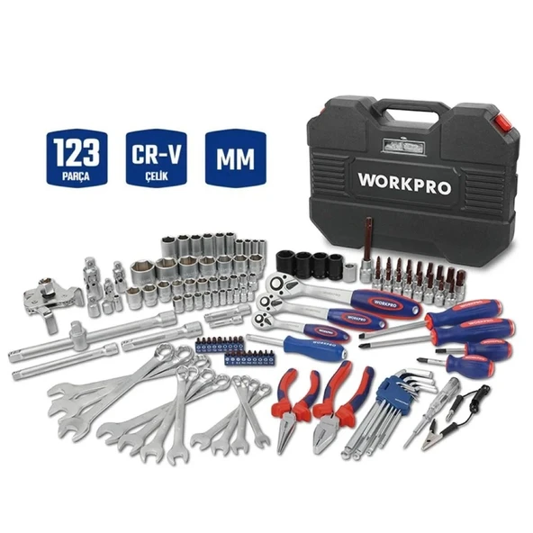 WORKPRO WP202533 1/4'’ 3/8’’ 1/2'’ 123 Parça Cr-V Metrik Ağır Hizmet Lokma ve Kombine Anahtar Takımı ürün görseli 1