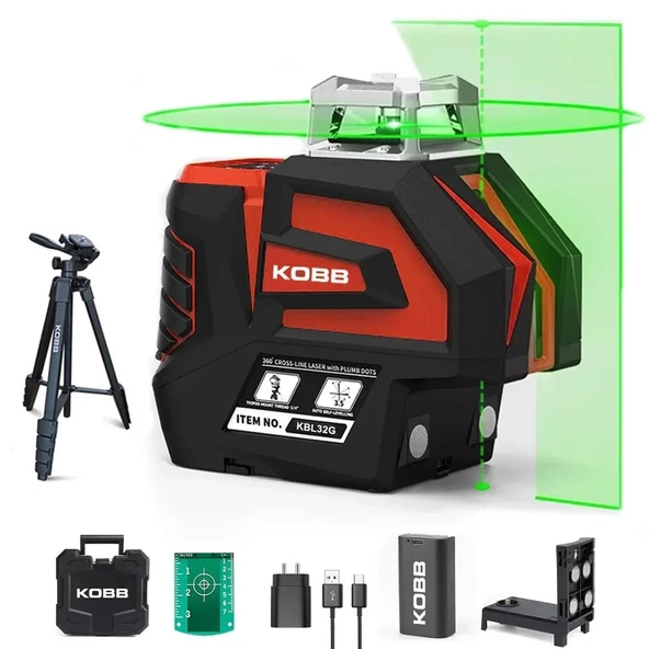 KOBB KBL32GTP Profesyonel Li-ion Yatay 360° ve Dikey Otomatik Hizalamalı Yeşil Nokta Şakül ve Çapraz Çizgi Lazer+Tripod ürün görseli 1