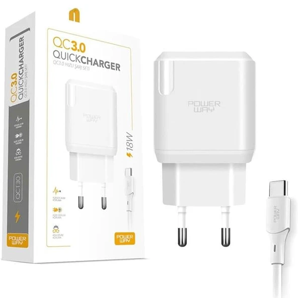 Powerway QCT30 18 Watt 3 Amper Type-C Kablolu Hızlı Şarj Aleti Seti ürün görseli 1