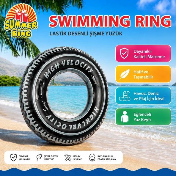 Summer Ring 90 cm Lastik Desenli Şişme Radyal Simit Yetişkin Yüzme Simidi PVC Deniz Havuz Plaj Siyah Teker Desenli ürün görseli 1