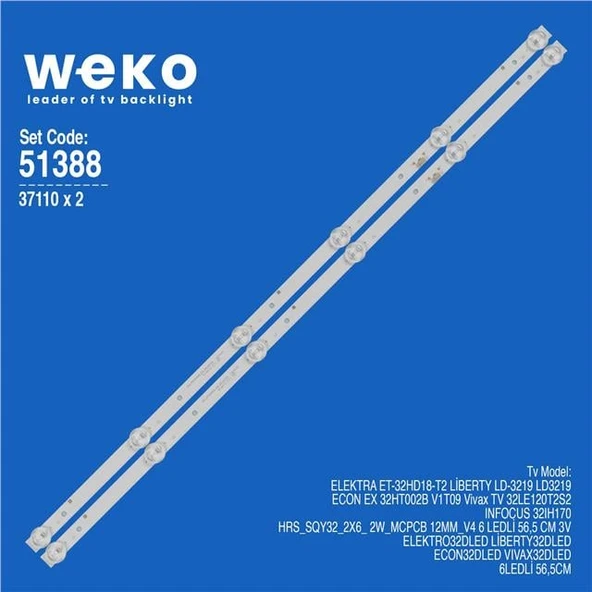 Wkset-6388 37110X2 Hrs_Sqy32_2X6_ 2W_Mcpcb 12Mm_V4  2 Adet Led Bar (3V6led56,5Cm) (Tvnizi açıp içindeki led barla birebir aynısı olduğunu görmeden almayınız. Sonrasında iade ALMAMAKTAYIZ.) ürün görseli 1