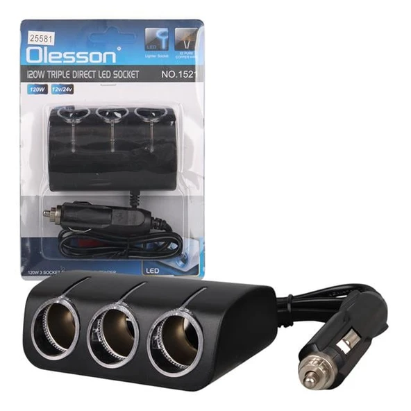 Olesson 1521 12-24V 120W 80 CM Kablolu 3'LÜ Araç Çakmak Çoklayıcı ürün görseli 1