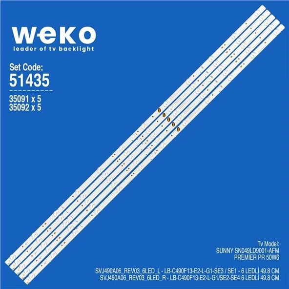 Premier PR 50W6 49'' 5 Adet Tv Led Bar (Tvnizi açıp içindeki led barla birebir aynısı olduğunu görmeden almayınız. Sonrasında iade ALMAMAKTAYIZ.) ürün görseli 1