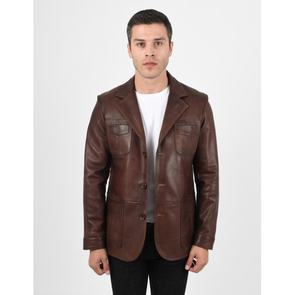 Martell Wax Kahve Fit Blazer Hakiki Deri Ceket Erkek ürün görseli 1