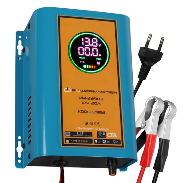 Powermaster PM-22983 12 Volt 20 Amper Dijital Ekranlı Akıllı Akü Şarj Cihazı ürün görseli 1