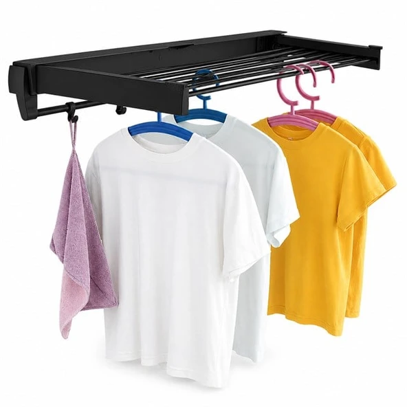 Sunup SN-37718 Katlanabilir Çamaşır Askılığı Duvara Monte Gizli Balkon Akordeon Kurutma Siyah ürün görseli 1