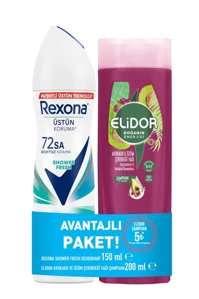 Rexona Deodorant Shower Fresh 150ML + Elidor Şampuan 200ML Avakado&Üzüm ürün görseli 1