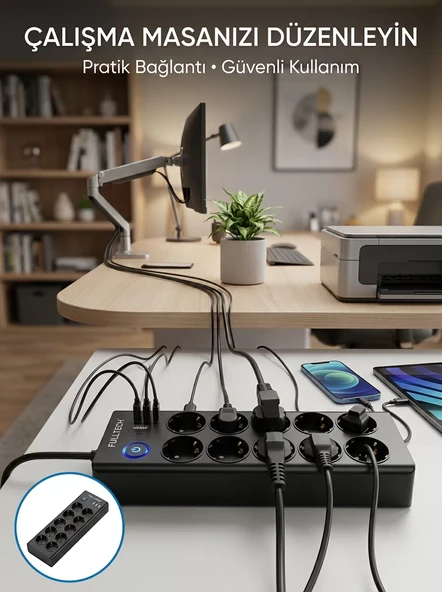 Akım Korumalı 10'lu Çoklu Priz USB-A ve Type-C Şarj Çıkışlı ürün görseli 1