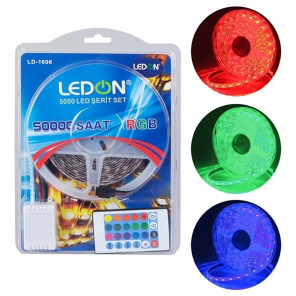 Ledon LD-1606 Su Geçirmez 5 Metre RGB Şerit Led Animasyon Devreli Adaptörlü Set 5050 3 Çipli Silikonlu ürün görseli 1