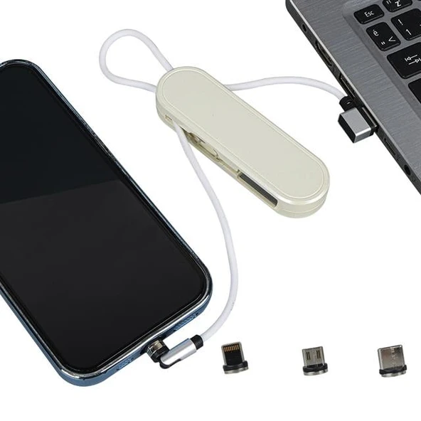 Powermaster PM-25905 Beyaz 3İn1 (Type C- Lightning-Micro Usb) Manyetik Uç Taşınabilir Şarj Kablosu ürün görseli 1