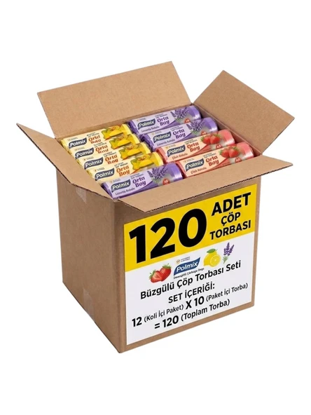Polmix Büzgülü Çöp Torbası Orta Boy 12 Paket (Toplam 120 Adet) Çilek, Limon ve Lavanta Kokulu  55x60 cm Dayanıklı ve Sızdırmaz ürün görseli 1
