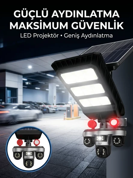 Güneş Enerjili Kablosuz Dış Mekan Güvenlik Kamerası Gece Görüşlü LED Projektörlü ürün görseli 1