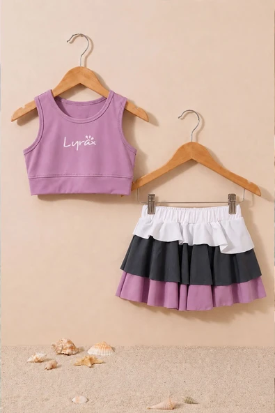 Sportif Renkli Şort Etekli Lila Crop Alt Üst Takım ürün görseli 1